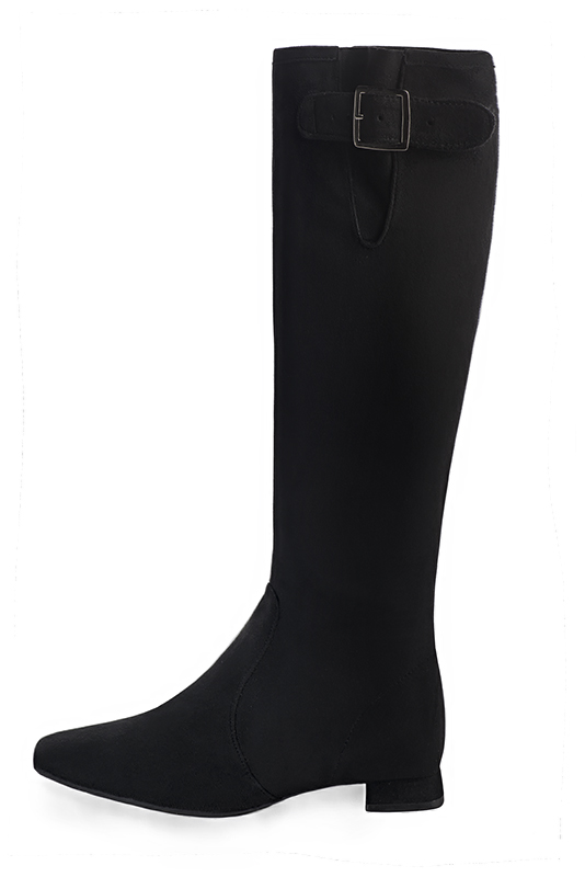 Matt black women's knee-high boots with buckles. Square toe. Flat flare heels. Made to measure. Profile view - Florence KOOIJMAN